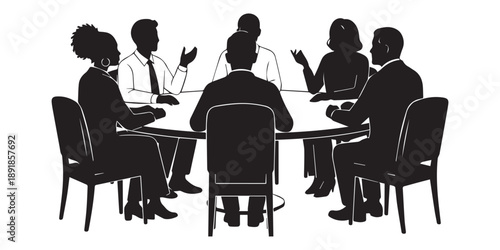A black silhouette illustration depicts a diverse group of professionals engaged in a formal meeting around a circular table high quality