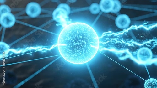 Glowing spheres interconnected with blue energy currents