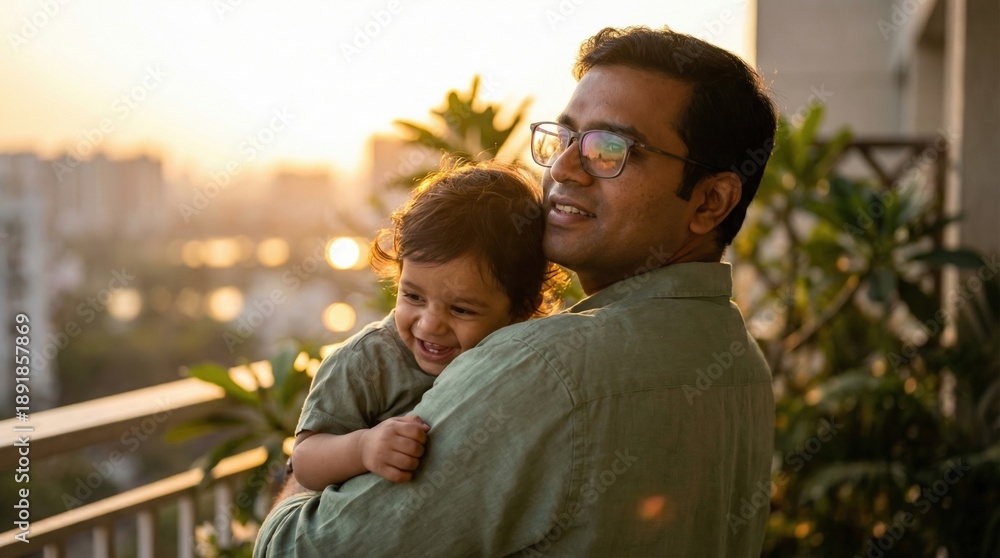 Obraz premium A smiling father holds his toddler on a balcony during golden hour. This scene conveys warmth and modern fatherhood in an urban setting. Great for family and lifestyle marketing.
