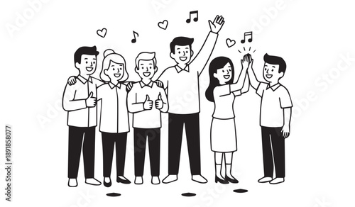 A cheerful group of six people celebrate a success raising hands and giving thumbs up in a simple line drawing