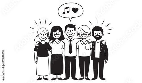 A group of five diverse people stand closely together smiling with a musical note and heart symbol above them