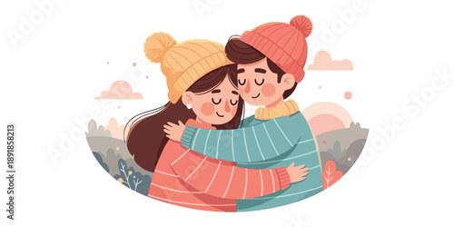 A heartwarming illustration depicts a couple embracing tenderly both wearing cozy winter hats against a soft pastel background high quality professional