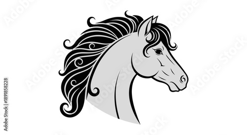 Elegant black and white horse head illustration with flowing mane.