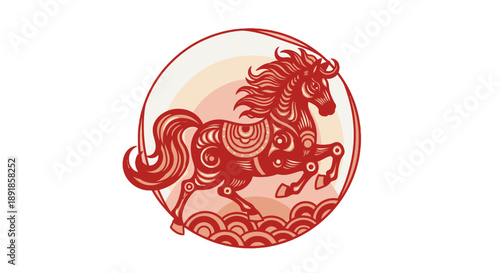 Red horse illustration with circular design and flowing mane.