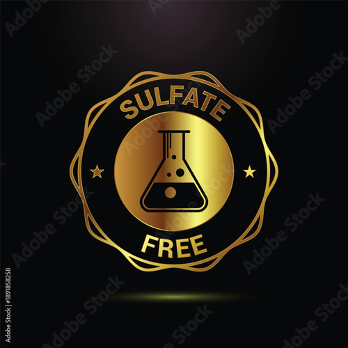 Golden badge with beaker icon and sulfate free text on dark background
