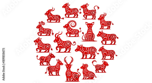 Red Chinese zodiac animals arranged in a circular pattern.