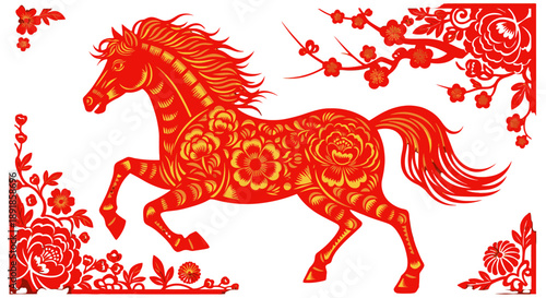 Red horse with floral patterns running in full gallop.