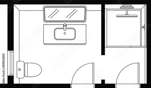 Architectural bathroom floor plan with toilet, sink, and enclosed shower layout for interior design, construction planning, and plumbing fixture arrangement
