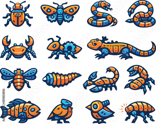 Two-Color vector icons of steampunk creatures: valve beetle, gear moth, pipe snake, spring crab, cog ant, brass lizard, rivet fly