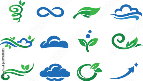 Whimsical Sky Vines. Two-Color vector icons of whimsical sky vine: playful spiral stalk, airy cloud loop, floating leaf stroke,