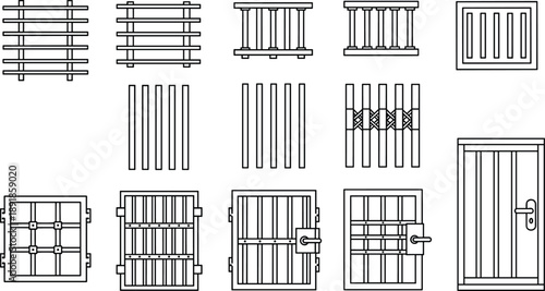 Bar, window, door, silhouette, prison, jail, lock, padlock, hinge, frame, security, setup, architecture, infrastructure, metal, grid, vector, black, pose, flavector, minimal