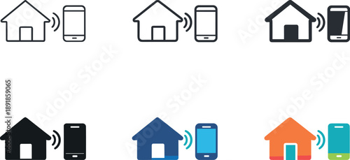 Connected digital home concept illustrating a simple house paired with a mobile device and subtle wireless waves to represent