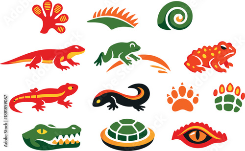 Two-Color vector icons of cold-blooded creatures: gecko toe pads, iguana crest, chameleon curl, monitor lizard stance, frog jump