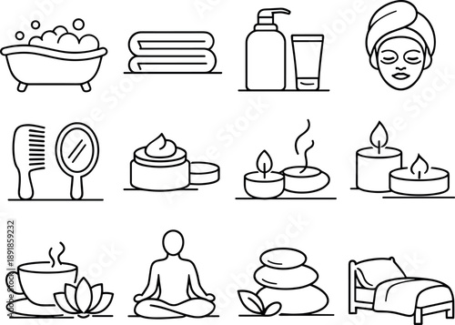 Line style of Self care wellness vector icons: bath, towel, lotion, face mask; comb, mirror, cream, candle; unwind, reflect,