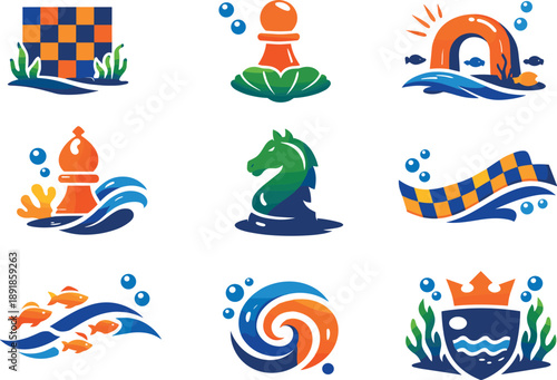 Two-Color vector icons of chess symbolism inspired by underwater discovery: chess grid, pawn motif, submerged arc, rook dust;