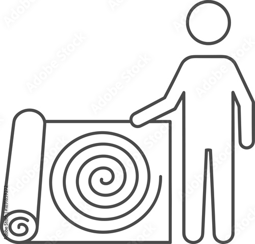 Black line art vector icon of a person standing next to a rolled carpet or insulation mat with spiral pattern isolated on white background for installation.