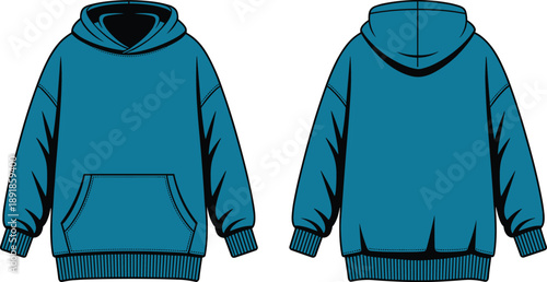 Blue hooded sweatshirt front and back view, black hood lining and kangaroo pocket, flat vector fashion sketch for garment design or apparel catalog template