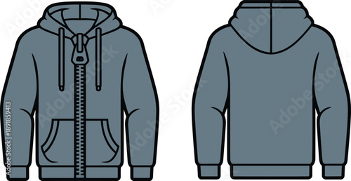 Blue zip-up hoodie front and back view, drawstring hood with pockets and ribbed trim, flat vector fashion sketch for garment design or apparel catalog template