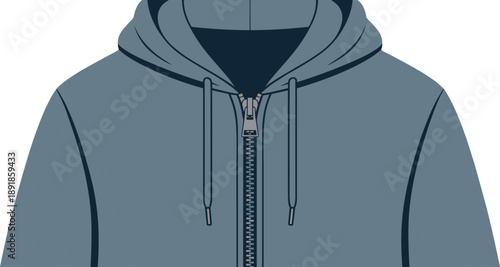 Blue zip-up hoodie with drawstring hood and seam details, flat vector fashion illustration for garment design, retail catalog, or digital apparel template