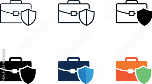 Corporate protection symbol depicting a briefcase combined with a shield to represent business insurance solutions, shown six