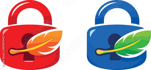 Two-Color vector icons of padlock with feather as key: lock with feather-key arc, curved quill in keyway, soft plume bit, gentle