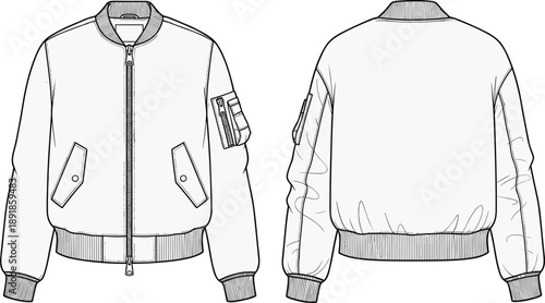 Bomber jacket technical sketch, utility sleeve pocket, ribbed collar cuffs and hem, angled flap pockets, fashion CAD illustration, cad drawing flat vector