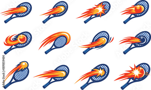 Two-Color vector icons of tennis racket hitting comet: racket striking comet tail, angled racket with blazing comet, racket