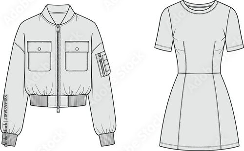 Bomber jacket with cargo pockets and short sleeve dress, fashion flat sketch, technical drawing, vector illustration template, front view design - cad drawing flat vector