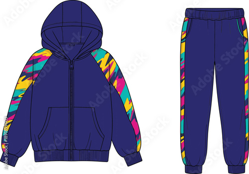 cad drawing flat vector, abstract multicolor tracksuit, hooded jacket and joggers, sporty fashion set, vibrant brushstroke pattern design