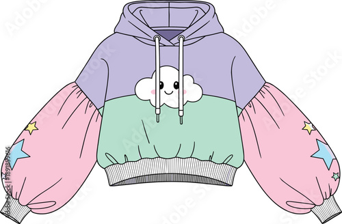 cad drawing flat vector, colorful whimsical hoodie front view, fashion sketch, garment template, apparel design, vector illustration, cloud graphic