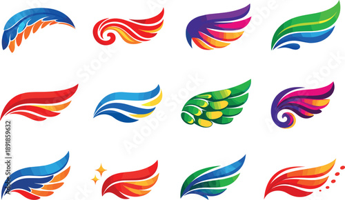 Two-Color vector icons of ornate wings: feather arc, swirl line, layered wing plate, curve stripe, glide contour, soft ripple,