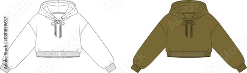 cad drawing flat vector, cropped hoodie front back view, fashion sketch, garment template, apparel design, vector illustration, olive green