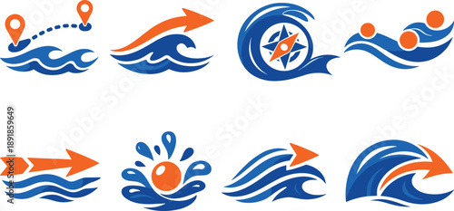Two-Color vector icons of exploratory ocean pathways: route-mark wave, wayfinding tide curve, compass-water crest, trail-surge