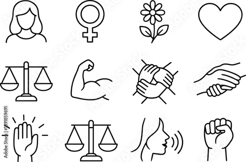 Line style vector icons of International women icons: woman, symbol, flower, heart; equality, strength, unity, support; respect,