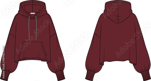 cad drawing flat vector, dark maroon cropped hoodie front back view, fashion sketch, garment template, apparel design, vector illustration