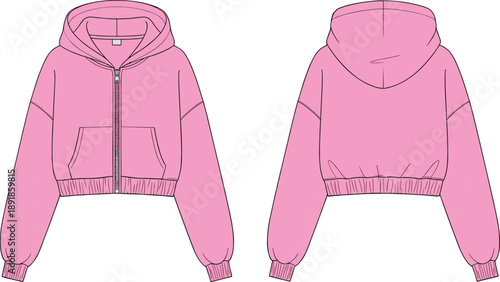 cad drawing flat vector, pink cropped hoodie front back view, fashion sketch, garment template, apparel design, vector illustration
