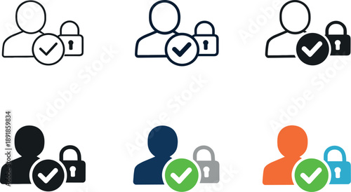 User Privacy Icons. User consent and privacy symbol depicting a profile icon supported by a checkmark and lock to express
