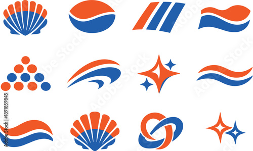Two-Color vector icons of shell textures: ridged shell, curved plate, stripe band, contour slope, tiny bead, arc flick, dot shine
