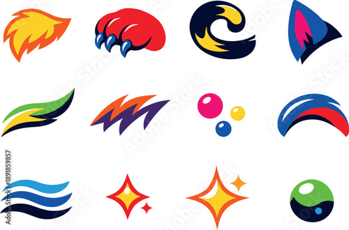 Two-Color vector icons of feline traits: mane tuft, curved paw, tail curl, ear tip, contour flick, fur stripe, dot speck, arc