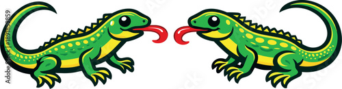 Two-Color vector icons of lizard with tongue: slender lizard, extended tongue, curved tail, scale pattern, tiny claw, rounded