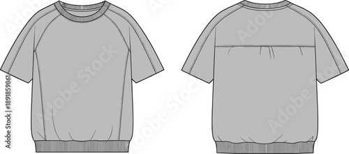 Cad drawing flat vector, short sleeve sweatshirt technical sketch, raglan sleeve fashion design, garment construction detail, front and back view, ribbed trim illustration