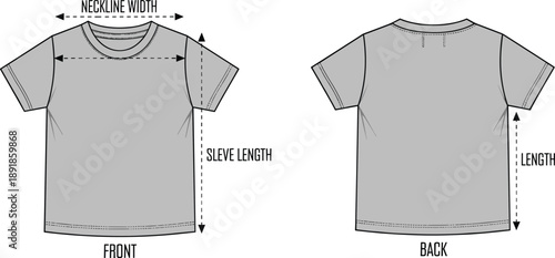 cad drawing flat vector, t-shirt measurement diagram, front and back view, tailoring guide, garment sizing chart, labeled dimensions illustration