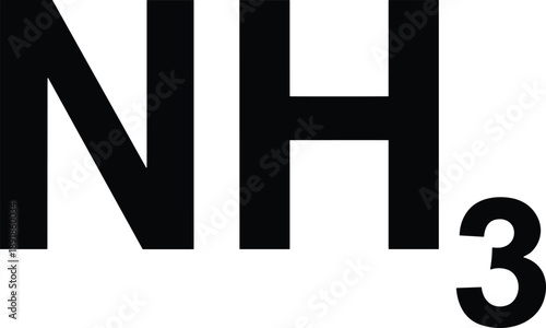 Chemical formula NH3 representing Ammonia written in bold black typography isolated on white background for chemistry education, laboratory science, and industrial gas concepts.