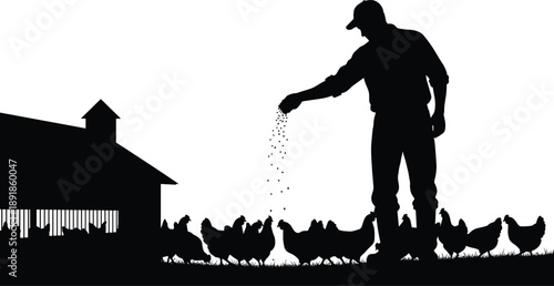 Chicken, feed, barn, silhouette, posture, gesture, drop, peck, bucket, rural, agriculture, animal, care, traditional, structure, grass, coop, vector, black, pose, setup, flavector