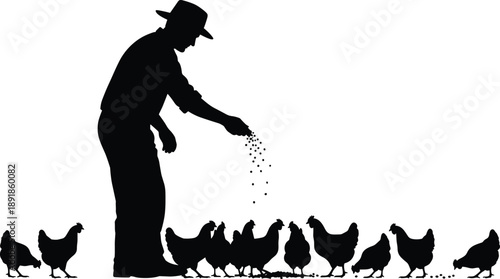 Chicken, feeding, silhouette, posture, gesture, hat, hand, grain, scatter, poultry, rural, agriculture, setup, tradition, livestock, interaction, farm, vector, black, pose, flavector