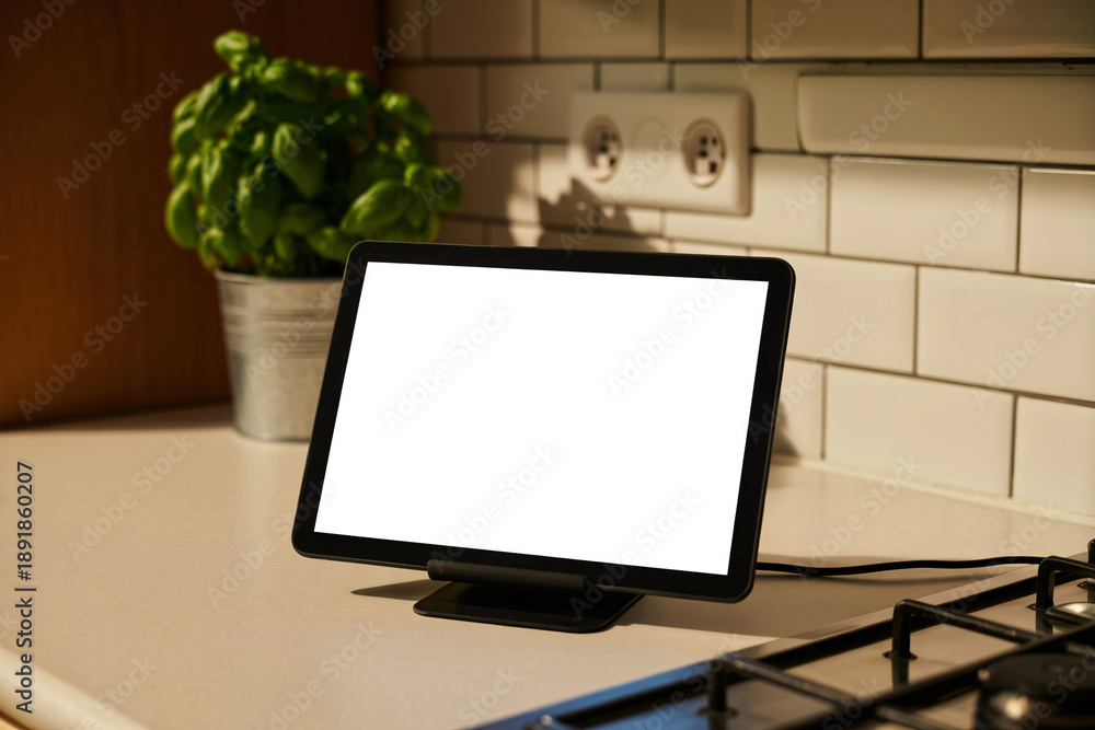 Fototapeta premium Blank digital tablet on a modern kitchen countertop for recipe display and smart home use concept