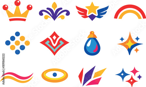 Two-Color vector icons of ornamental symbols: crown tip, regal flare, star crest, arc motif, dotted emblem, carved symbol, gem