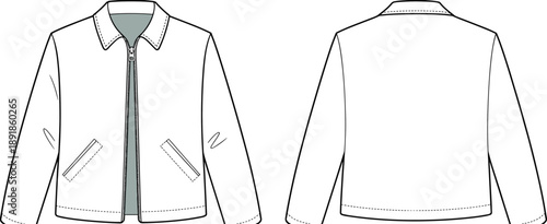 Collared Harrington Jacket Technical Fashion Flat CAD Vector Drawing Front and Back Views Template for Outerwear Apparel Design, Production, and Blank Mockup Illustration