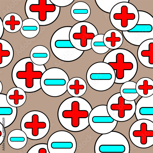 Seamless pattern with red and blue plus and minus symbols inscribed in circles of varying diameters on light brown. Vector illustration.