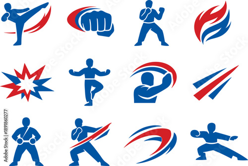 Two-Color vector icons of martial arts cues: high kick curve, punch arc, guard stance outline, energy swoop; strike burst,